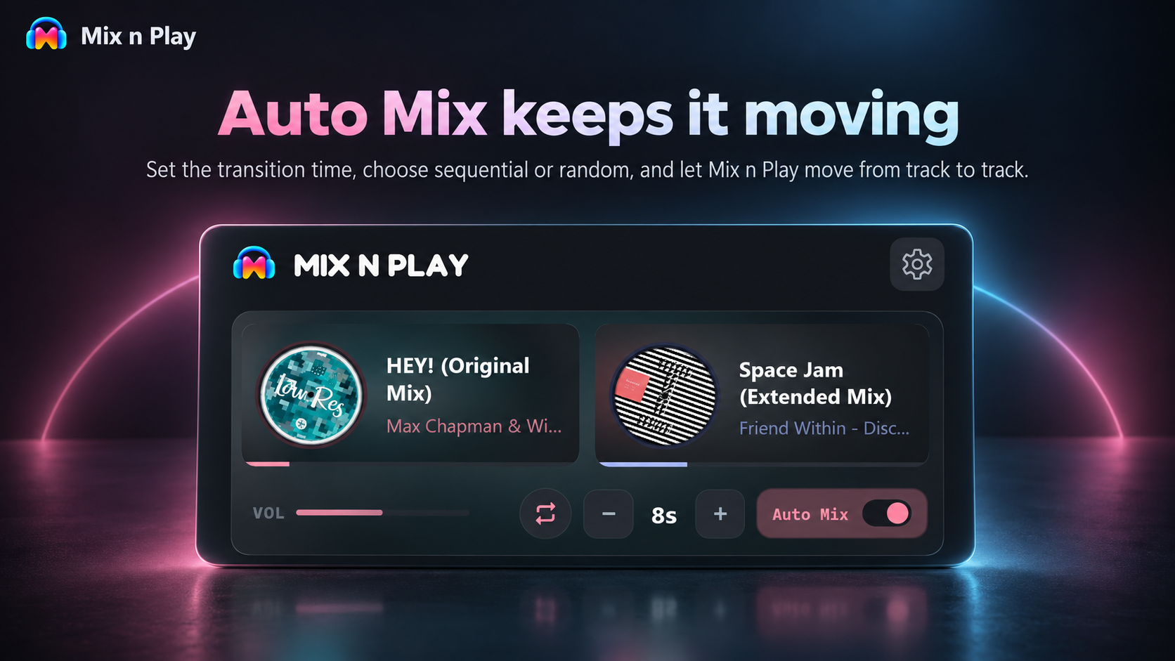 Mix n Play Auto Mix controls with transition time and two upcoming tracks