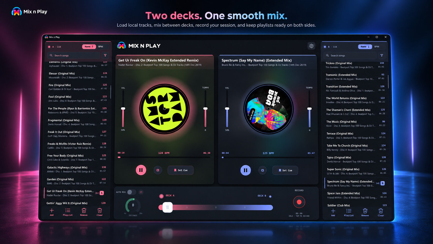 Mix n Play full mixer with two decks, playlists, recording, and crossfader