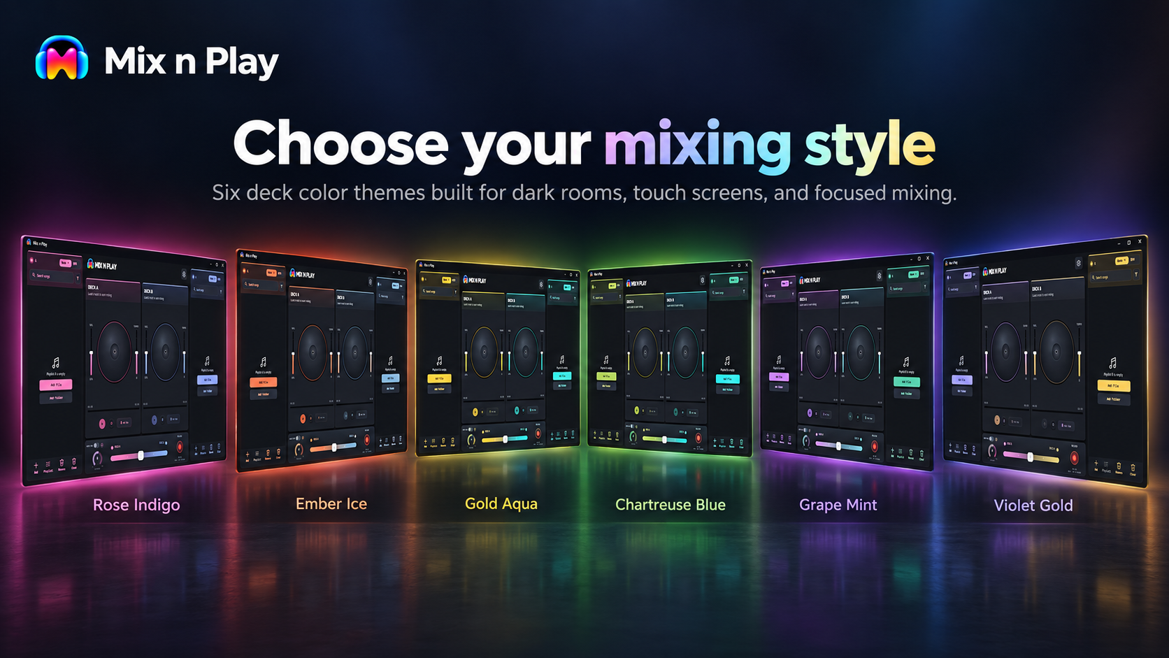 Mix n Play six color themes shown across the full app