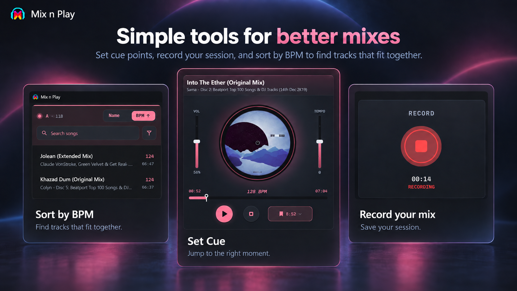 Mix n Play tools for BPM sorting, cue controls, and recording